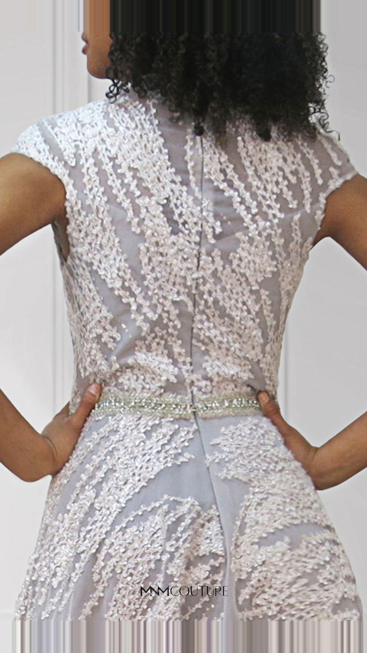 MNM Couture Embroidered Mesh Short-Sleeve A-Line Gown M1809
