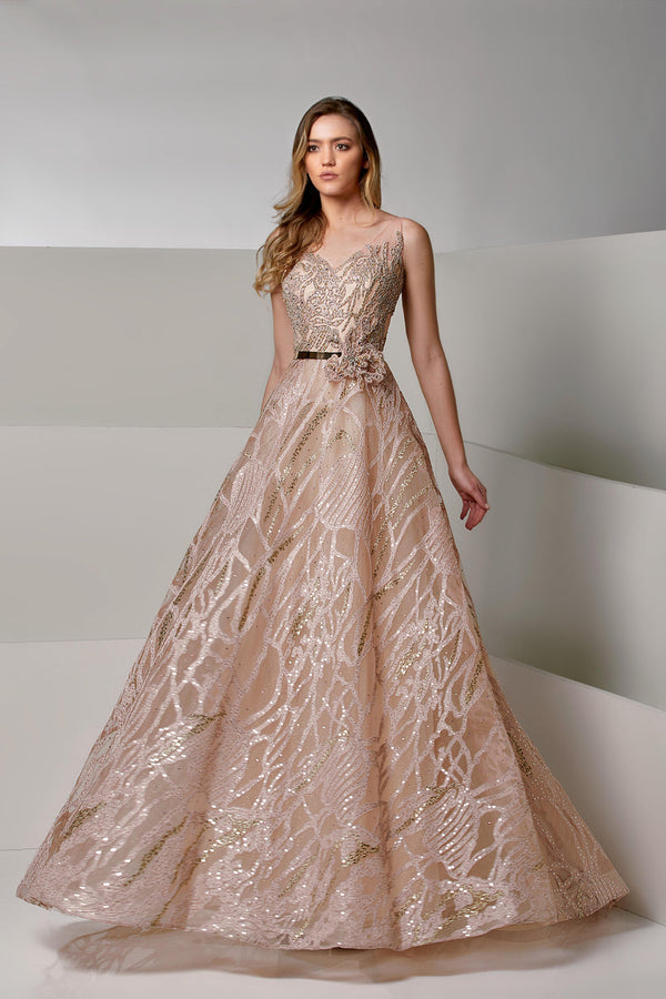 Modessa Couture M20210 A Line Long Floral Chic Formal Sequin Dress