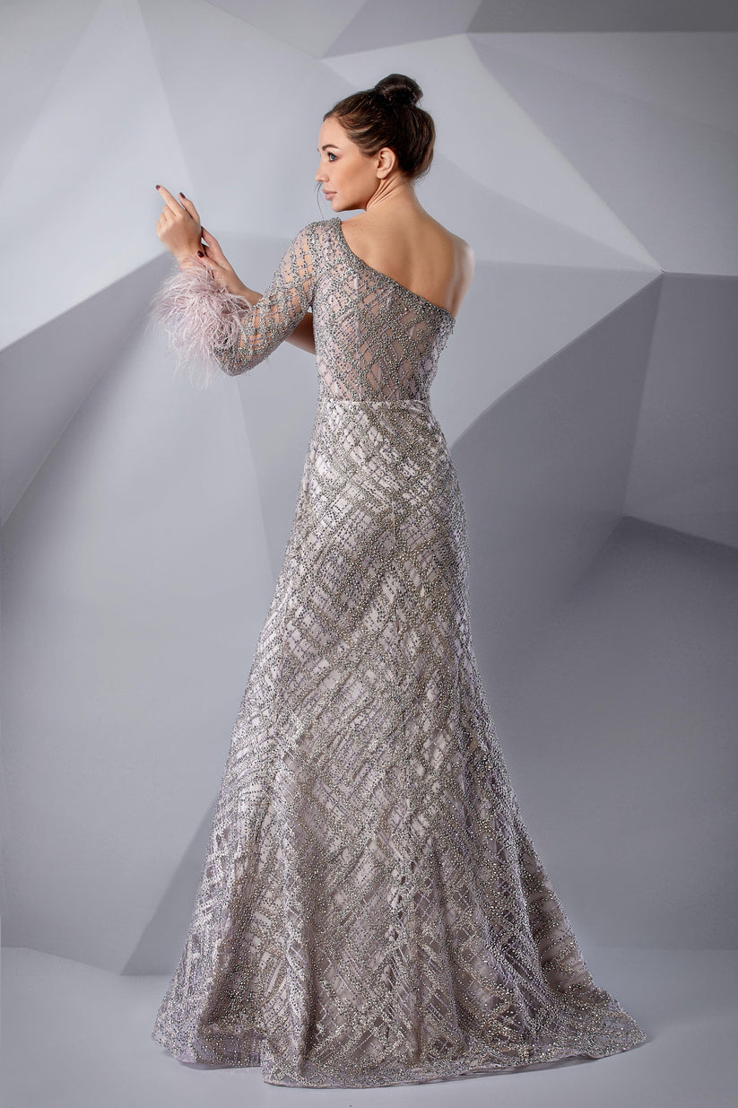 Modessa Couture M20245 Beaded Long Formal Slit Feather Prom Dress