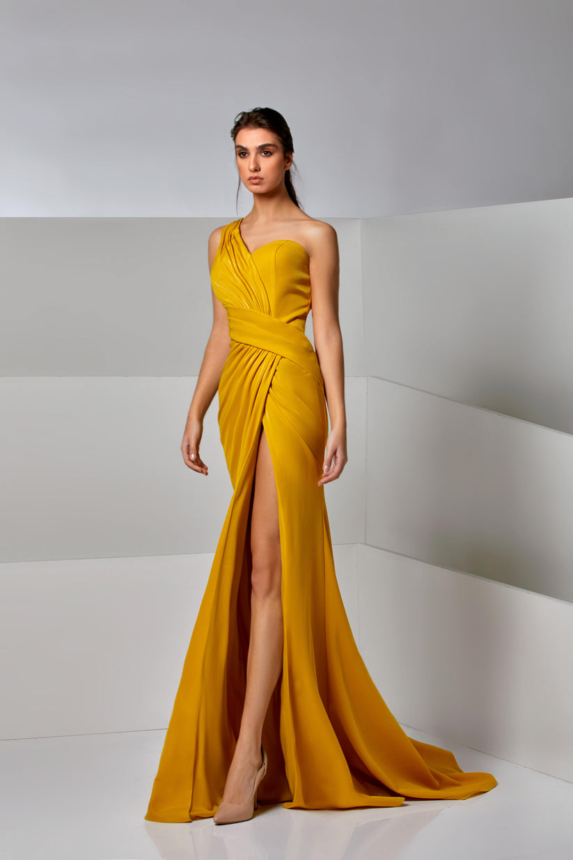 Modessa Couture M20263 Fitted Long High Slit Formal Prom Pleated Dress
