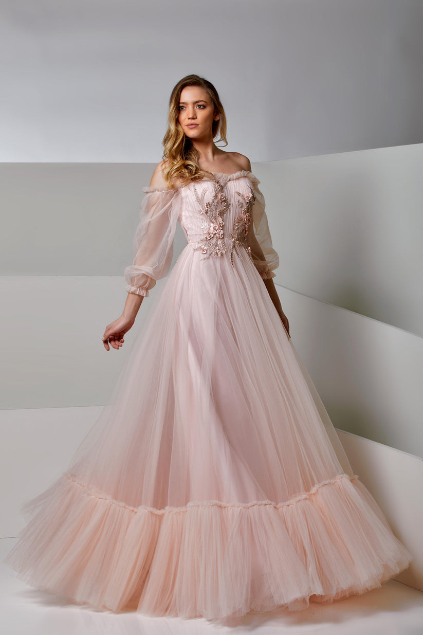Prom Dresses Long 3D Formal Beaded A Line Prom Dress Blush