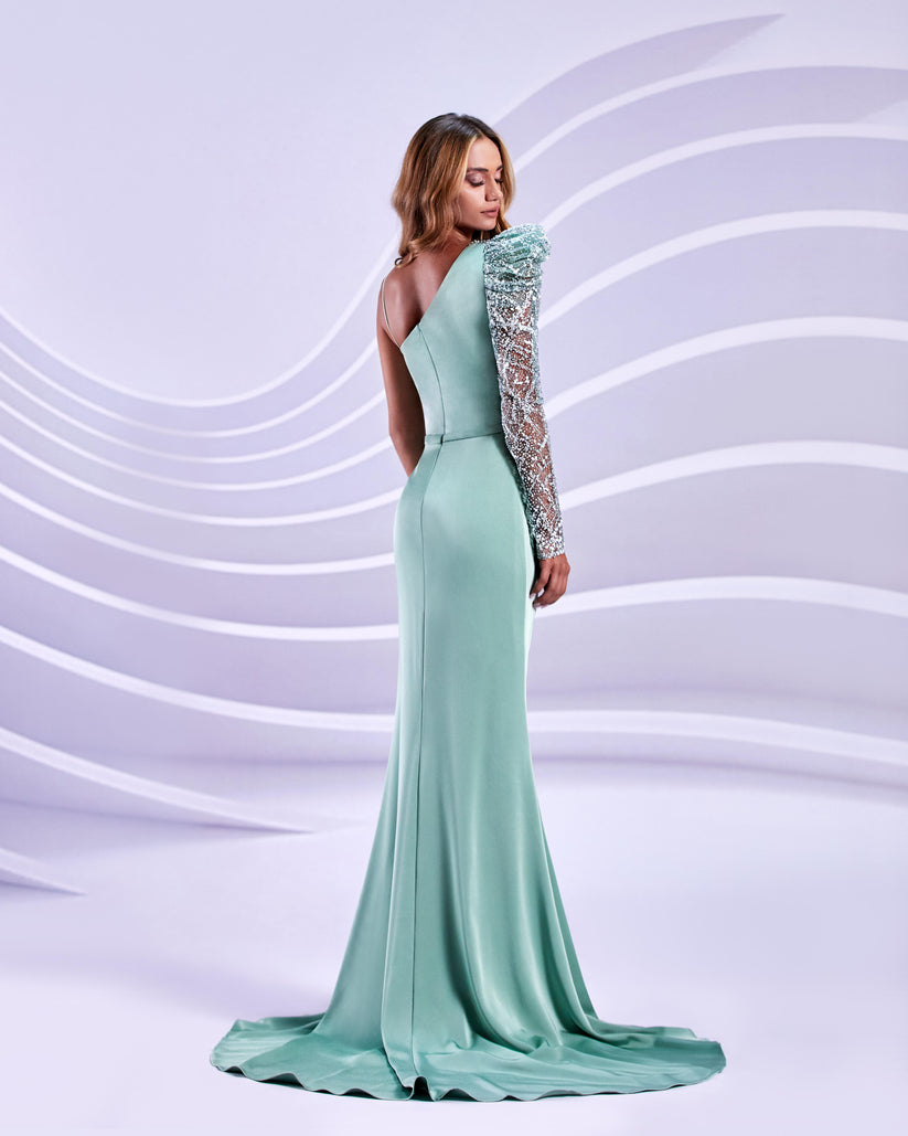 Modessa Couture M20315 Prom Long Slit Formal Lace Pleated Dress