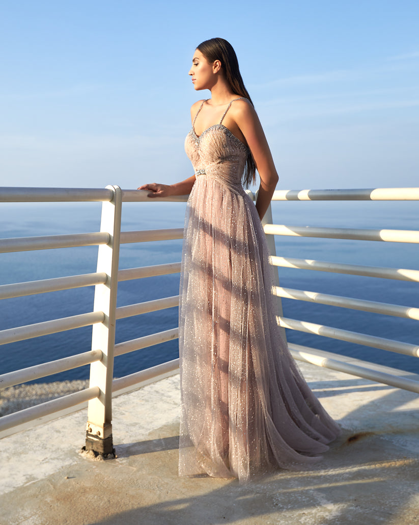 Prom Dresses Beaded Long Prom Formal Pleated Dress Lilac Marble