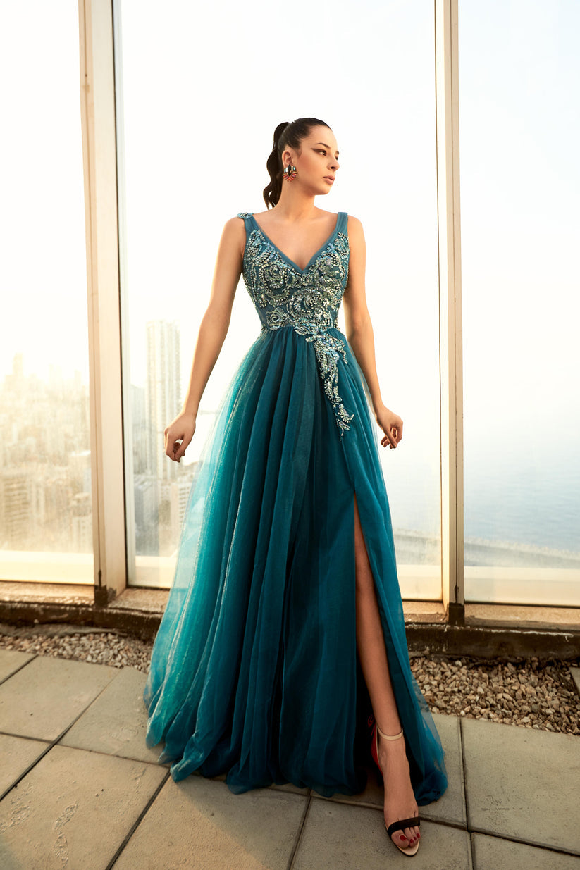 Prom Dresses Long Beaded Slit Formal Prom Dress Petrolic