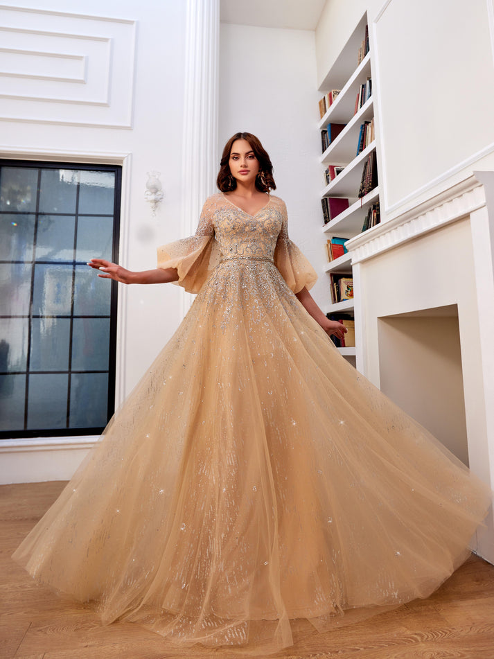 Prom Dresses A Line Beaded Long Formal Prom Dress  Peach