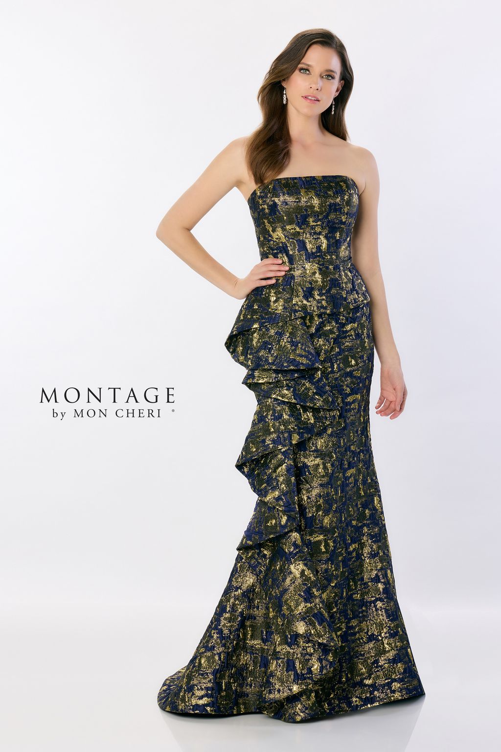 Montage M2225 Ruffle Detail Long Formal Mermaid Gown Metallic Evening Dress