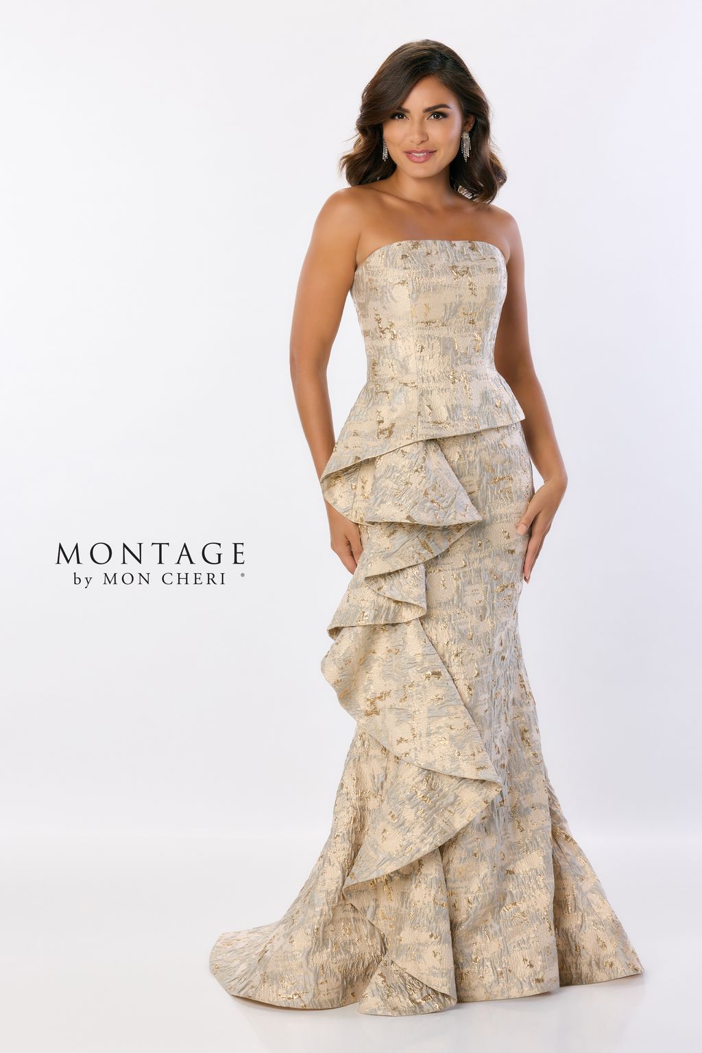 Montage M2225 Ruffle Detail Long Formal Mermaid Gown Metallic Evening Dress