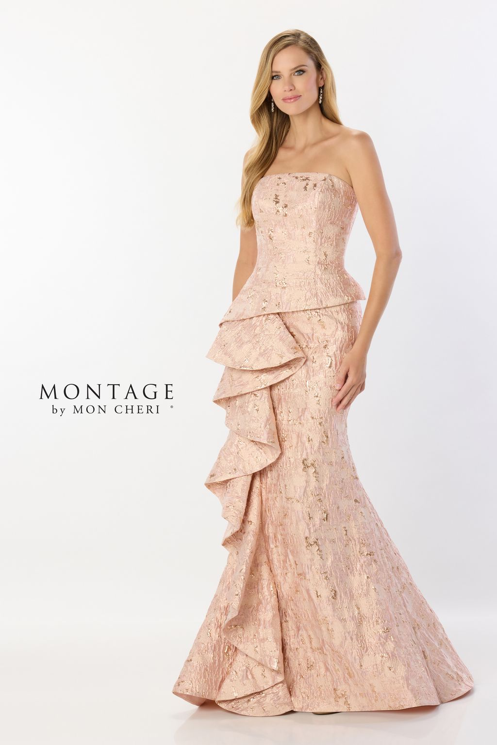 Montage M2225 Ruffle Detail Long Formal Mermaid Gown Metallic Evening Dress