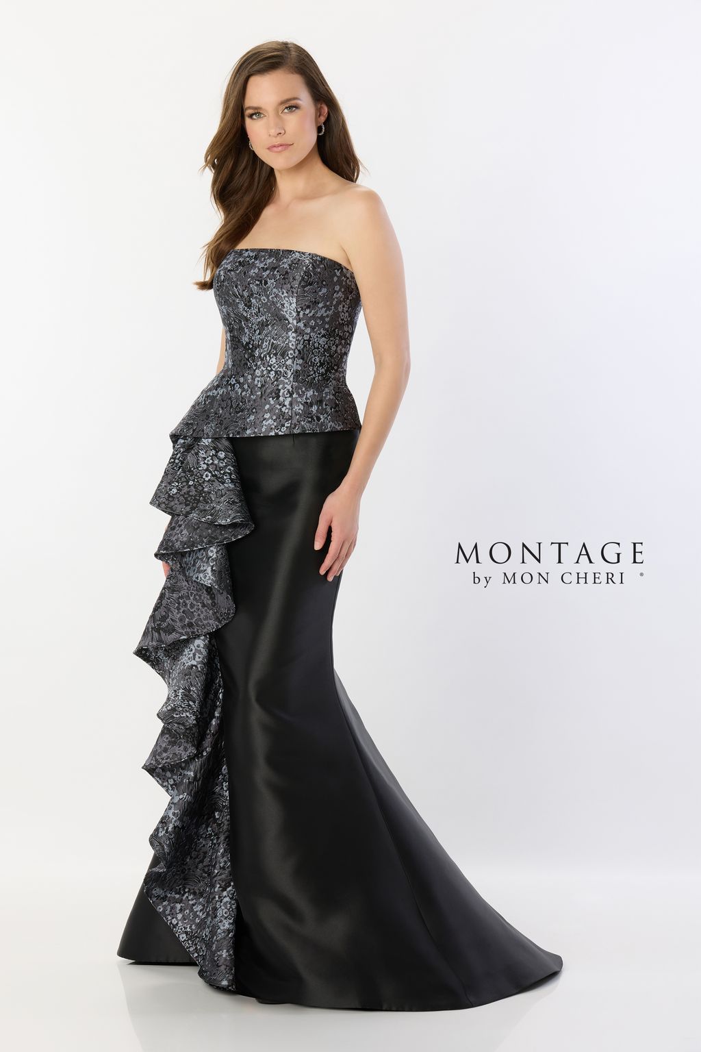 Montage M2228 Long Mermaid Gown Peplum Ruffle Formal Evening Dress