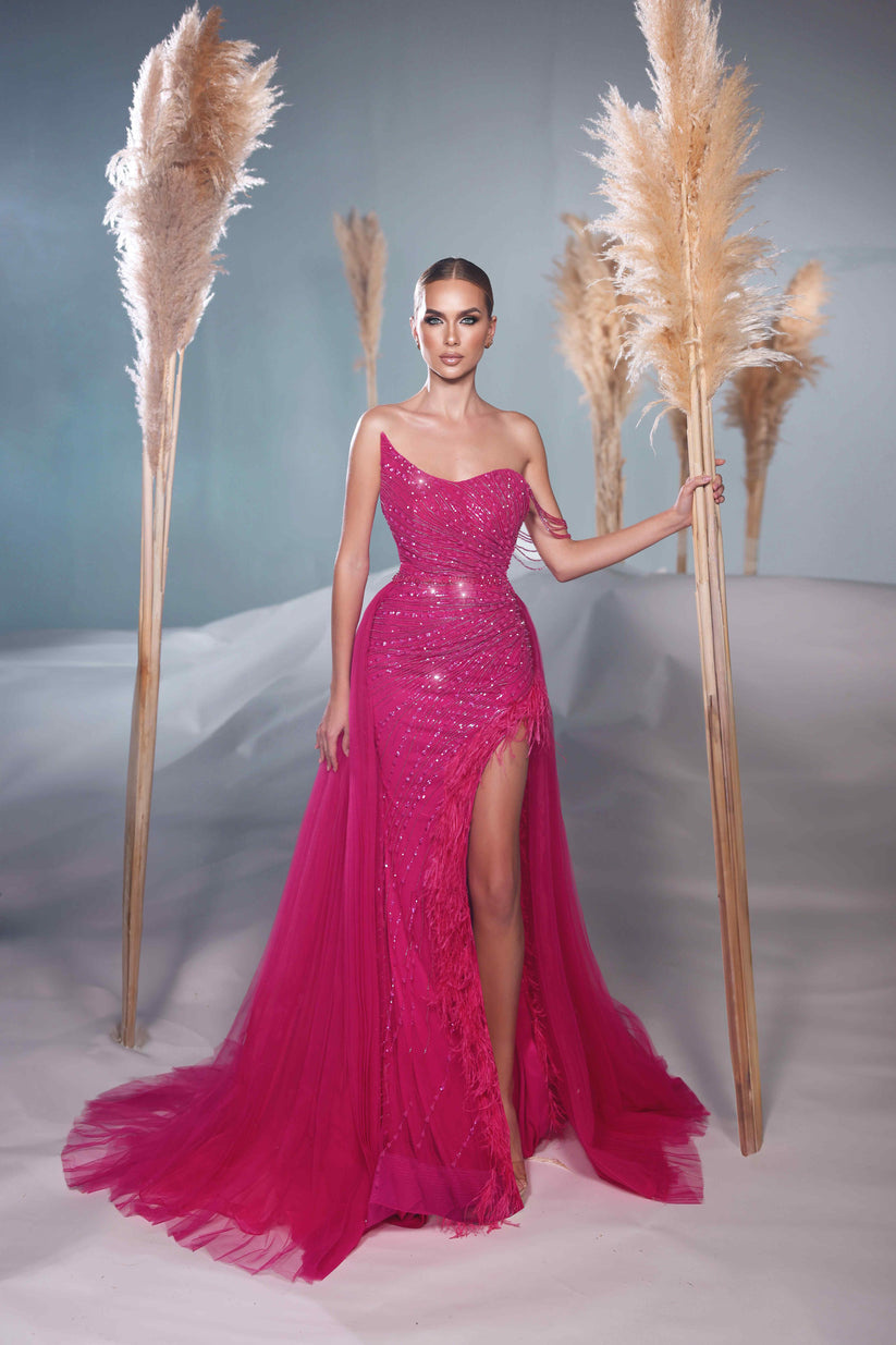 Modessa Couture M24601 Feather Long Formal Fitted Overskirt Prom Dress