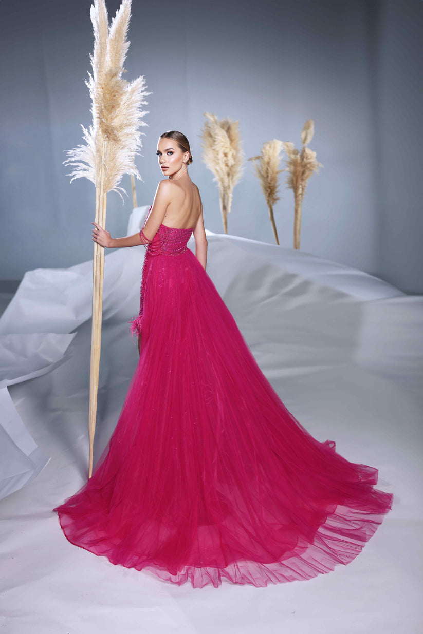 Modessa Couture M24601 Feather Long Formal Fitted Overskirt Prom Dress