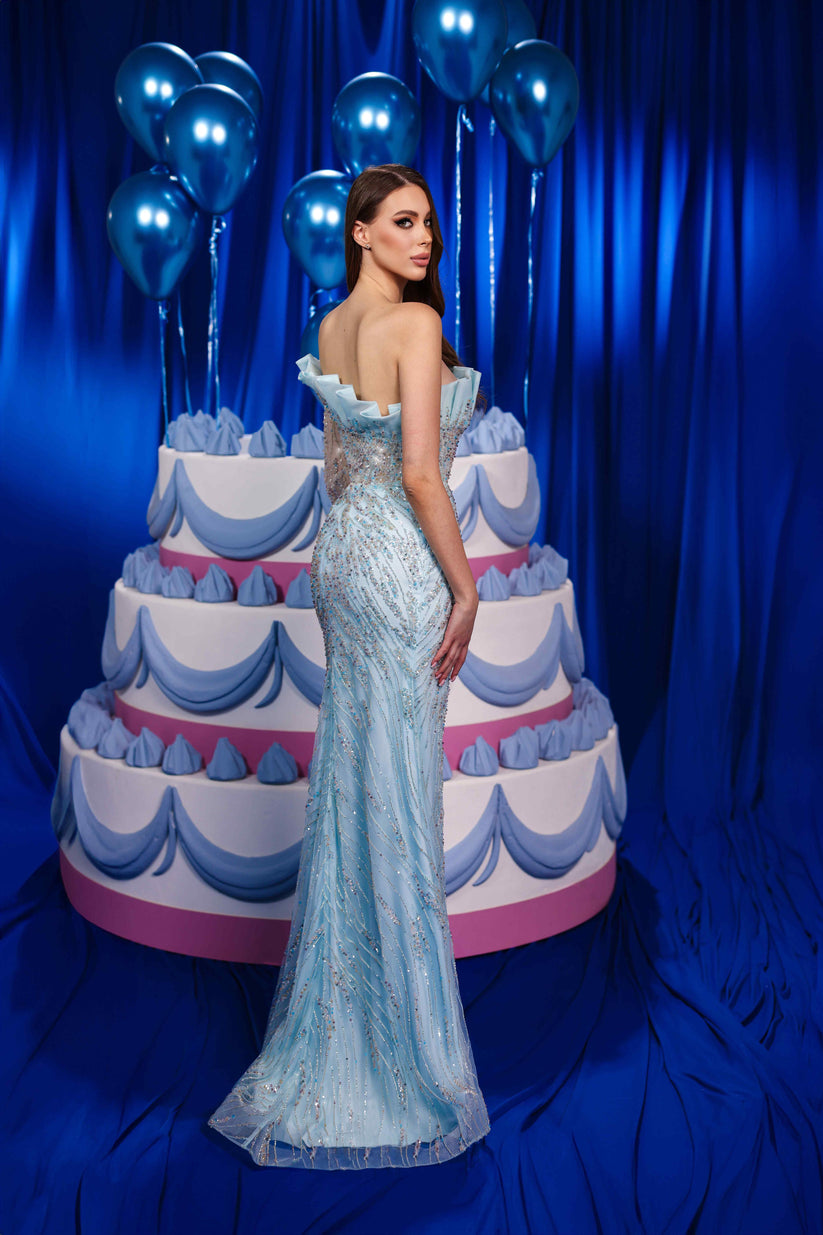 Modessa Couture M24613 Prom Pleated Slit Long Beaded Formal Dress