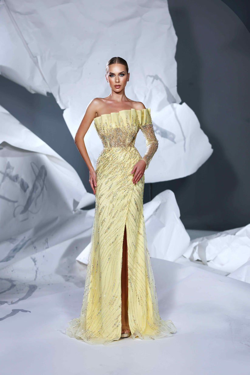 Modessa Couture M24613 Prom Pleated Slit Long Beaded Formal Dress
