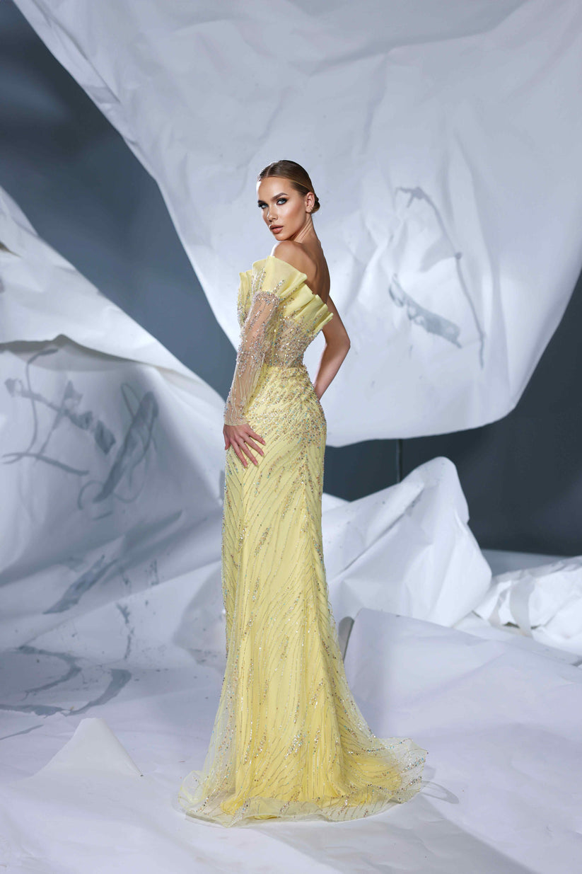 Modessa Couture M24613 Prom Pleated Slit Long Beaded Formal Dress