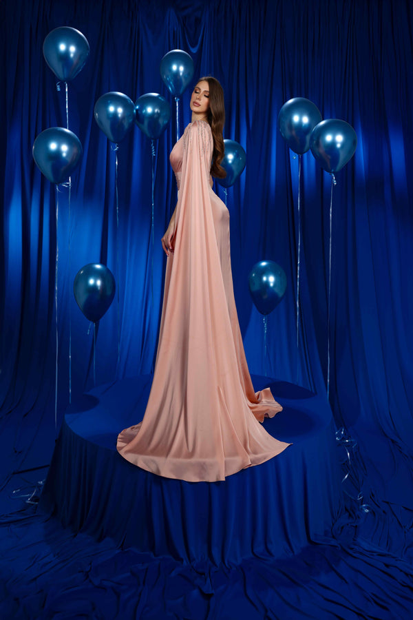 Modessa Couture M24614 Pleated Long Formal Beaded Cape Prom Evening Dress