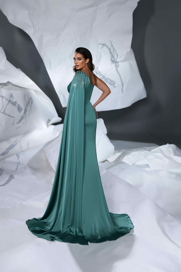Modessa Couture M24614 Pleated Long Formal Beaded Cape Prom Evening Dress