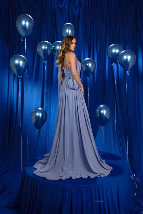 Modessa Couture M24615 Pleated Long Formal Beaded Evening Prom Cape Dress
