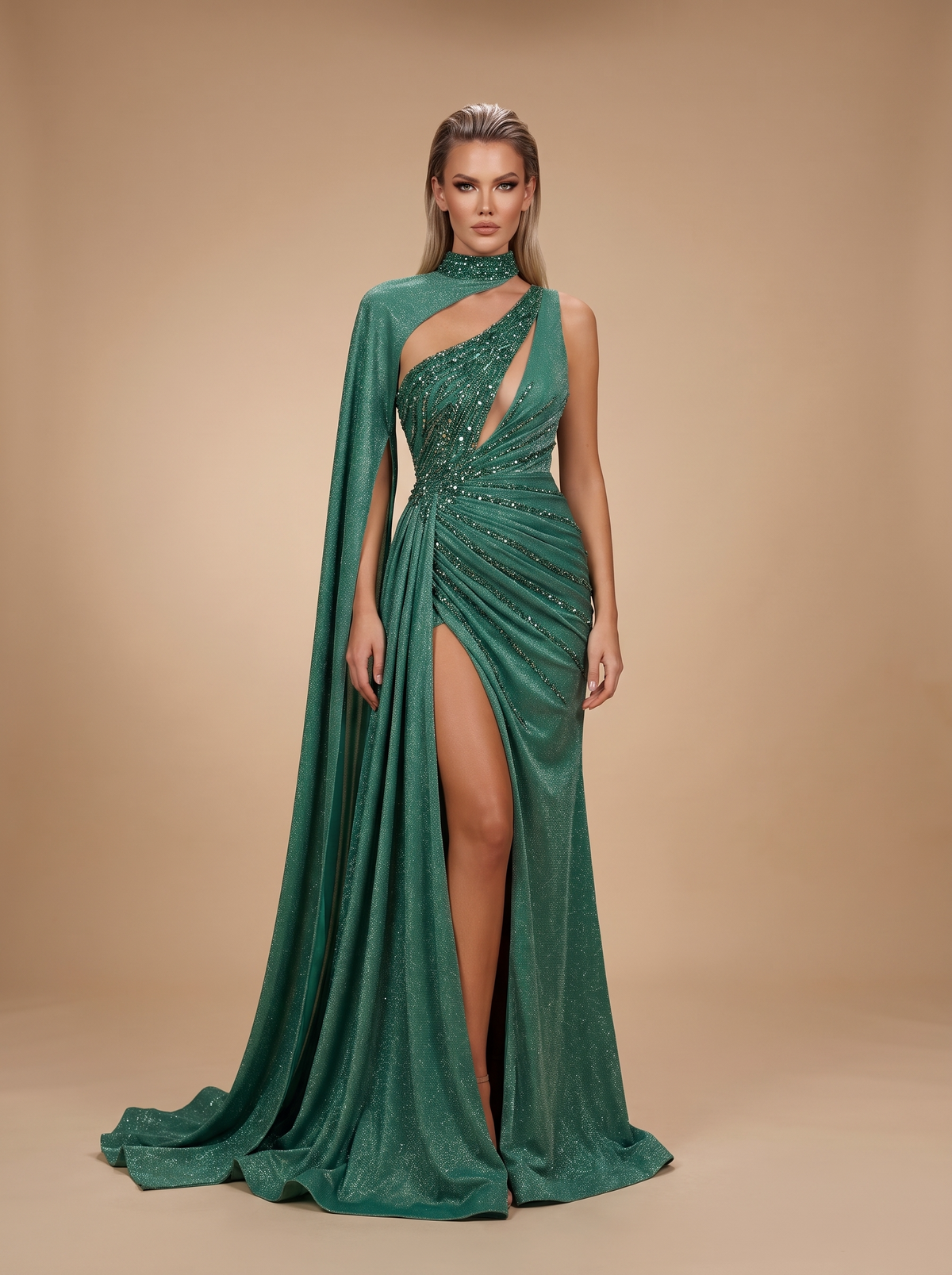 Modessa Couture M24616 Prom Fitted Slit Long Formal Pleated Cape Dress