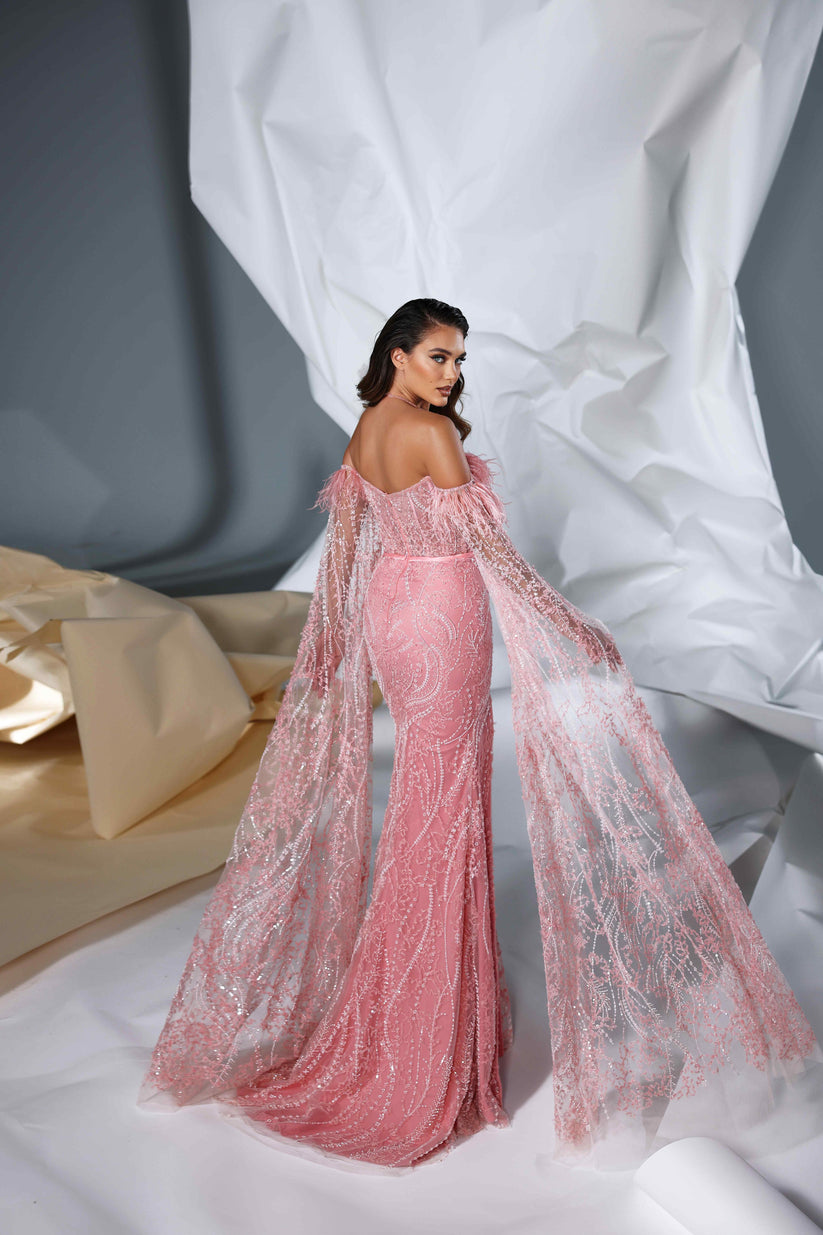 Modessa Couture M24619 Formal Long Fitted Slit Prom Feather Cape Dress