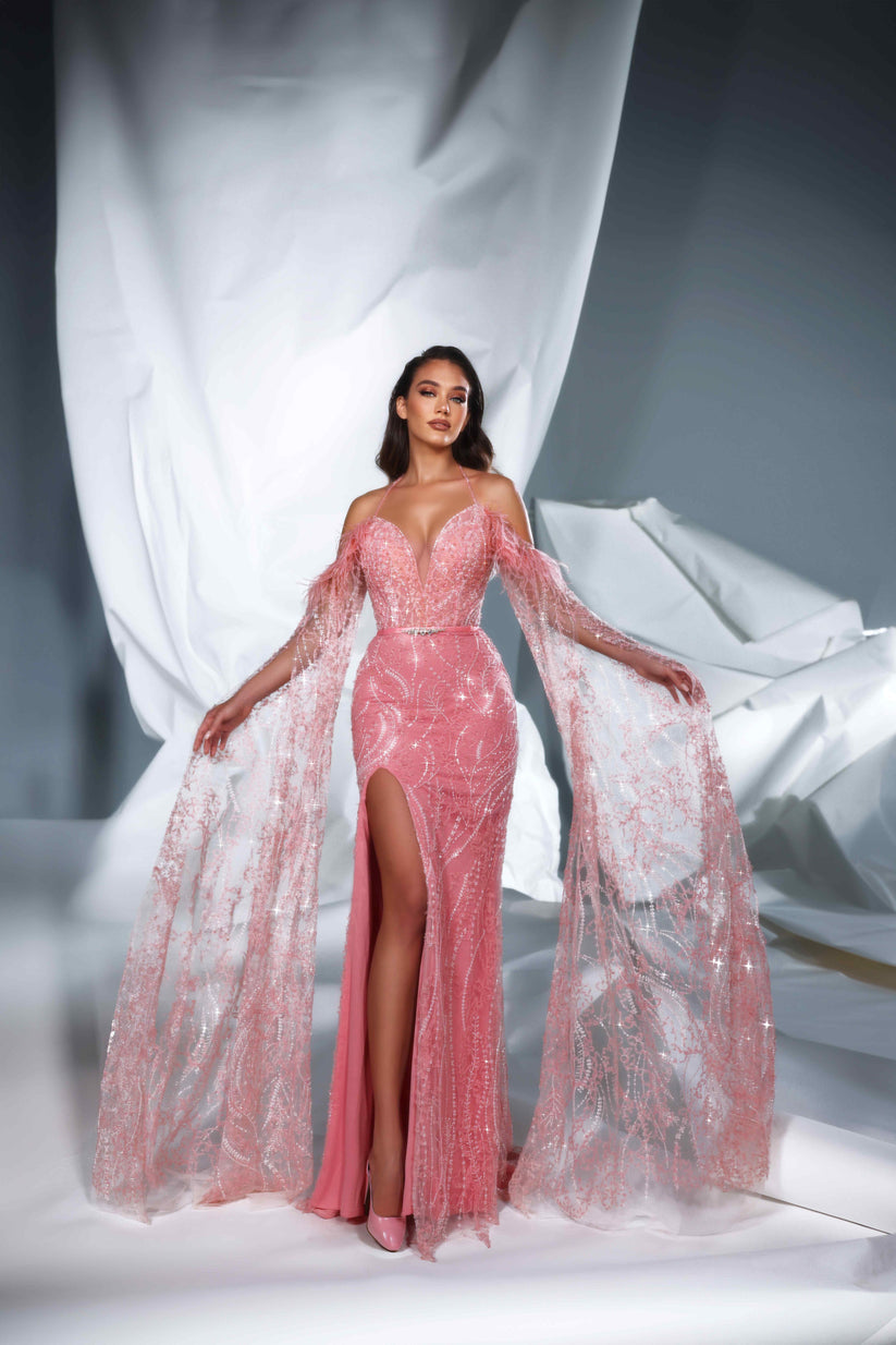 Modessa Couture M24619 Formal Long Fitted Slit Prom Feather Cape Dress