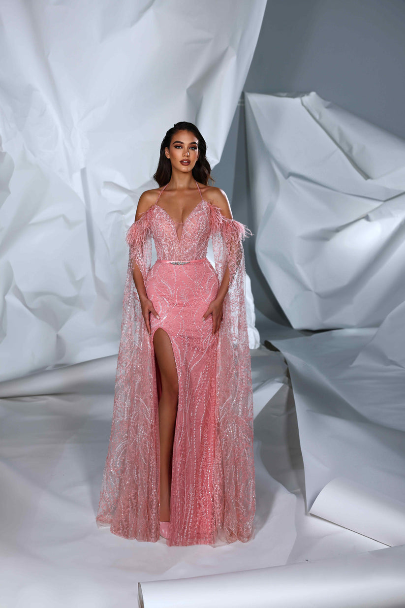 Modessa Couture M24619 Formal Long Fitted Slit Prom Feather Cape Dress