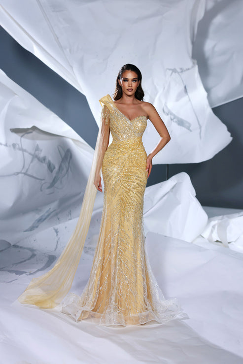 Modessa Couture M24619 Formal Long Fitted Slit Prom Feather Cape Dress main image 0