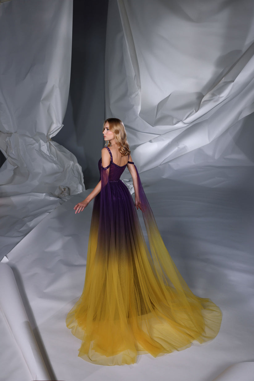 Prom Dresses Long Formal A Line Slit Ombre Evening Gown Purple/Yellow