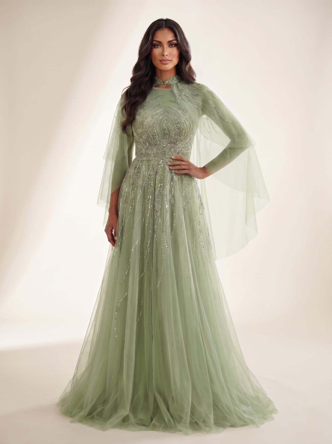Crew/High-Neck Floor-Length Tulle Formal A-Line Modessa Couture 26708