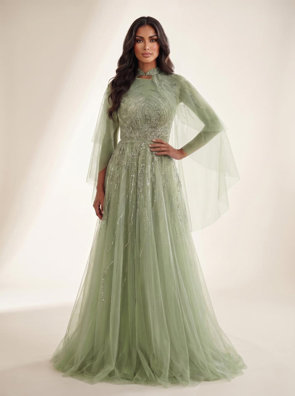 Crew High-Neck Floor-Length Tulle Formal A-Line Modessa Couture 26708