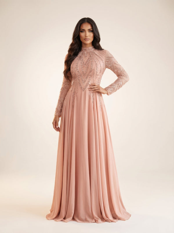 Crew/High-Neck Floor-Length Chiffon Formal A-Line Modessa Couture 26709