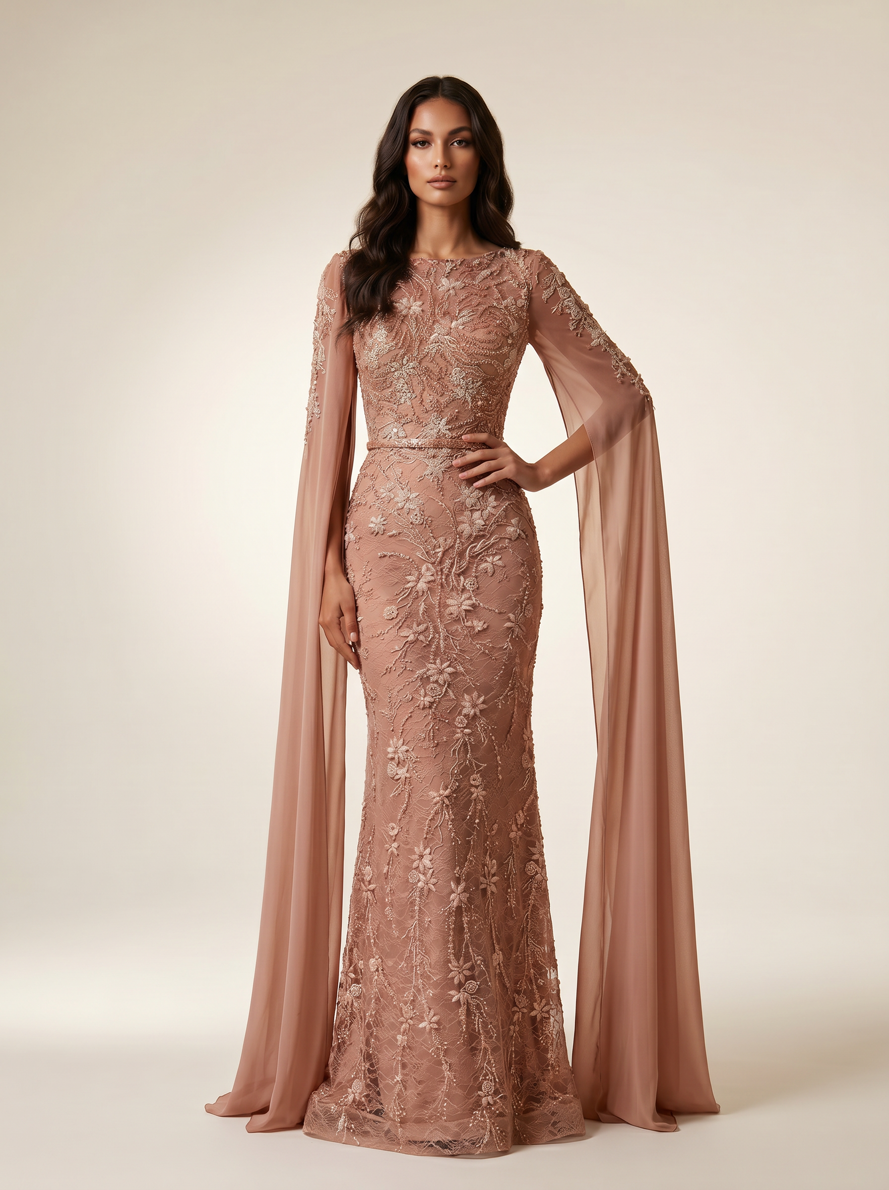 Crew Neck Cape Sleeve Floor-Length Embroidered Formal Sheath Column Modessa Couture 26710