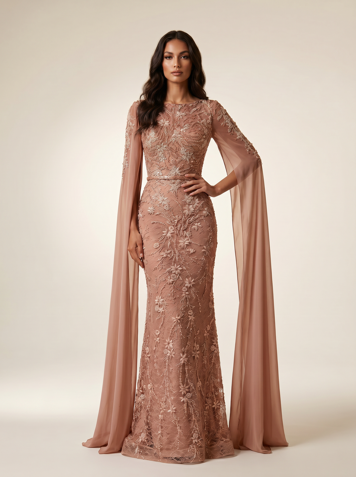 Crew Neck Cape Sleeve Floor-Length Embroidered Formal Sheath Column Modessa Couture 26710