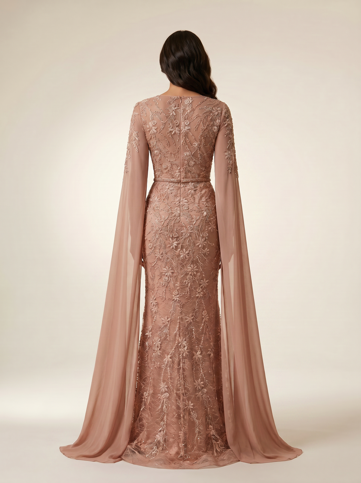 Crew Neck Cape Sleeve Floor-Length Embroidered Formal Sheath Column Modessa Couture 26710