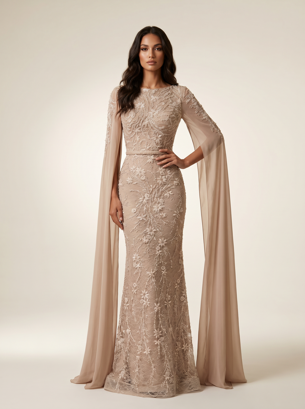 Crew Neck Cape Sleeve Floor-Length Embroidered Formal Sheath Column Modessa Couture 26710