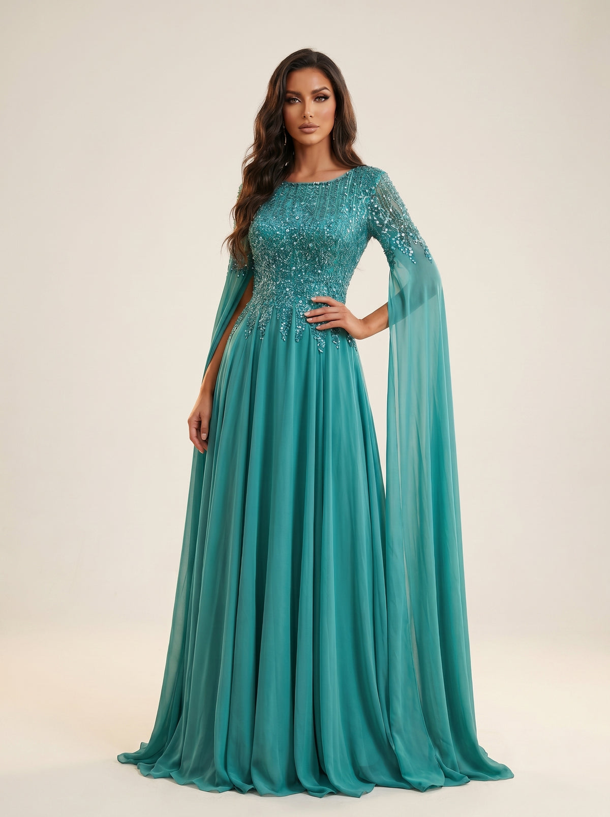 Crew Neck Cape Sleeve Floor-Length Beaded Formal A-Line Modessa Couture 26711