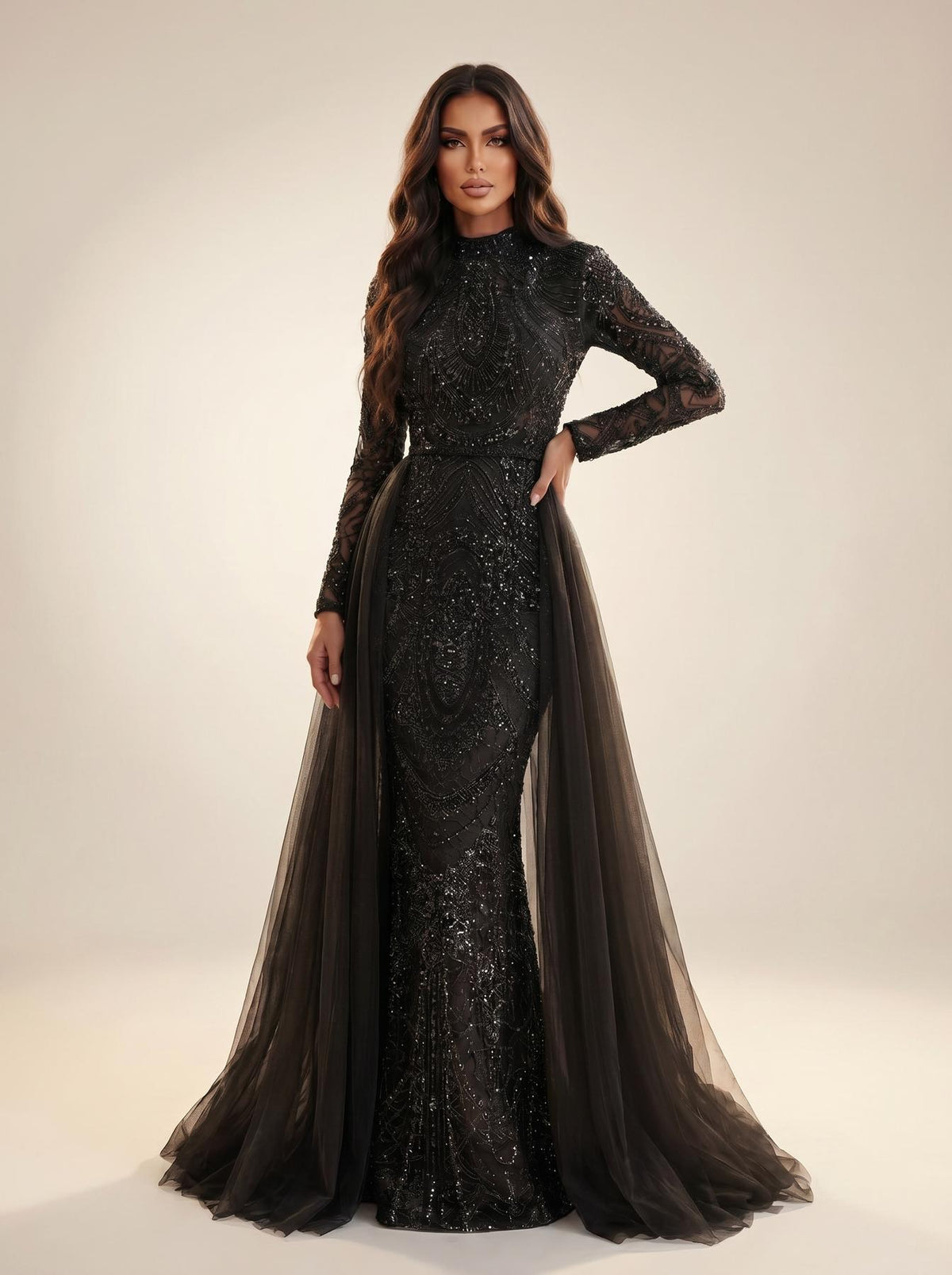 Crew/High-Neck Floor-Length with Train Tulle Formal Mermaid/Trumpet Modessa Couture 26713