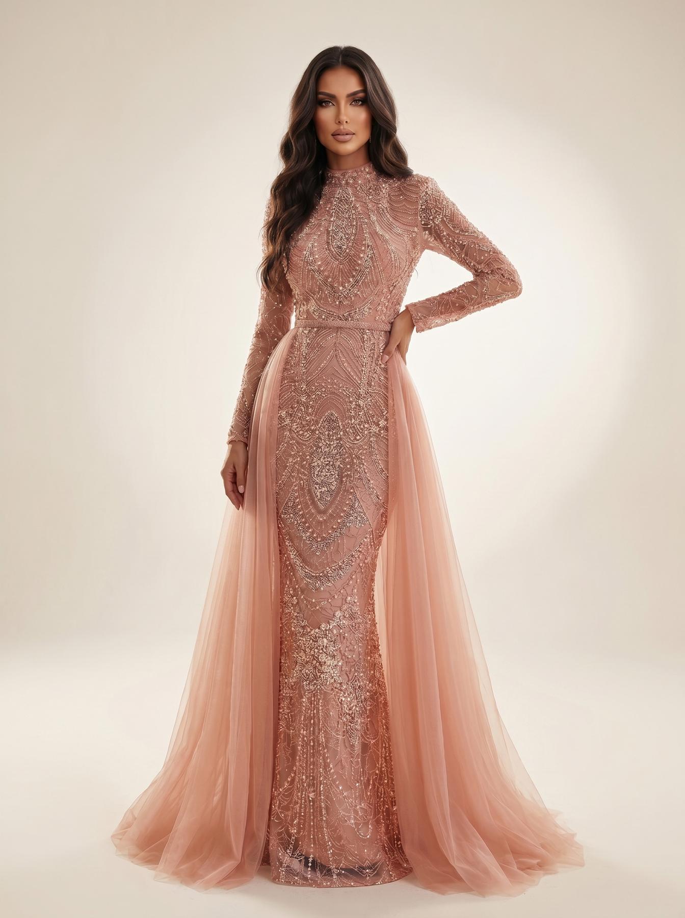Crew/High-Neck Floor-Length with Train Tulle Formal Mermaid/Trumpet Modessa Couture 26713