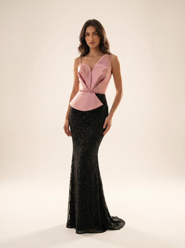V-Neck Floor-Length Satin Formal Mermaid Trumpet Modessa Couture 26714