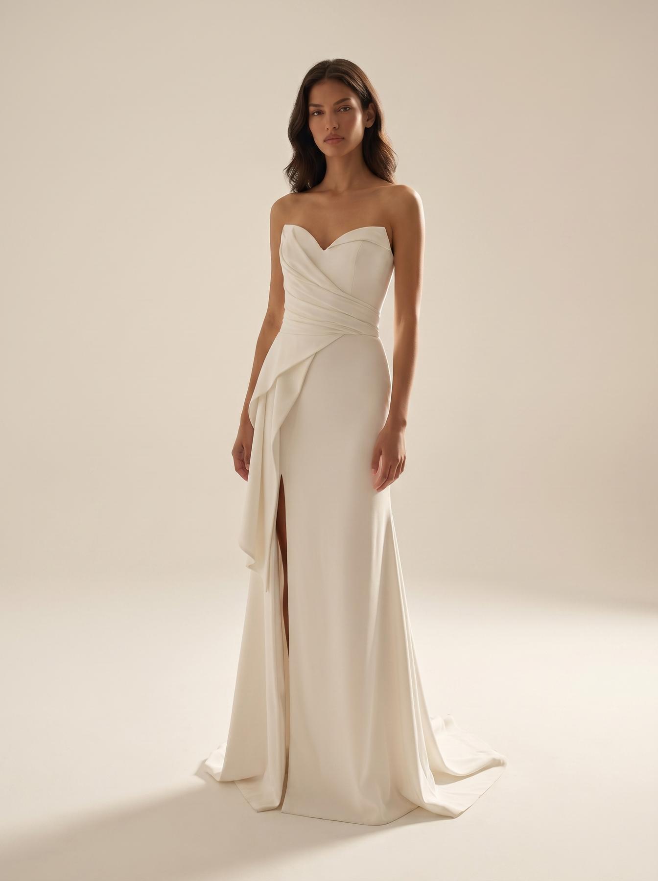Strapless Curved Neck Floor-Length Crepe Wedding Dress Sheath/Column Modessa Couture 26718