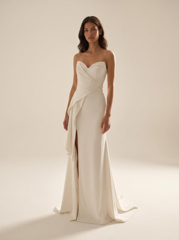 Strapless Curved Neck Floor-Length Crepe Wedding Dress Sheath Column Modessa Couture 26718