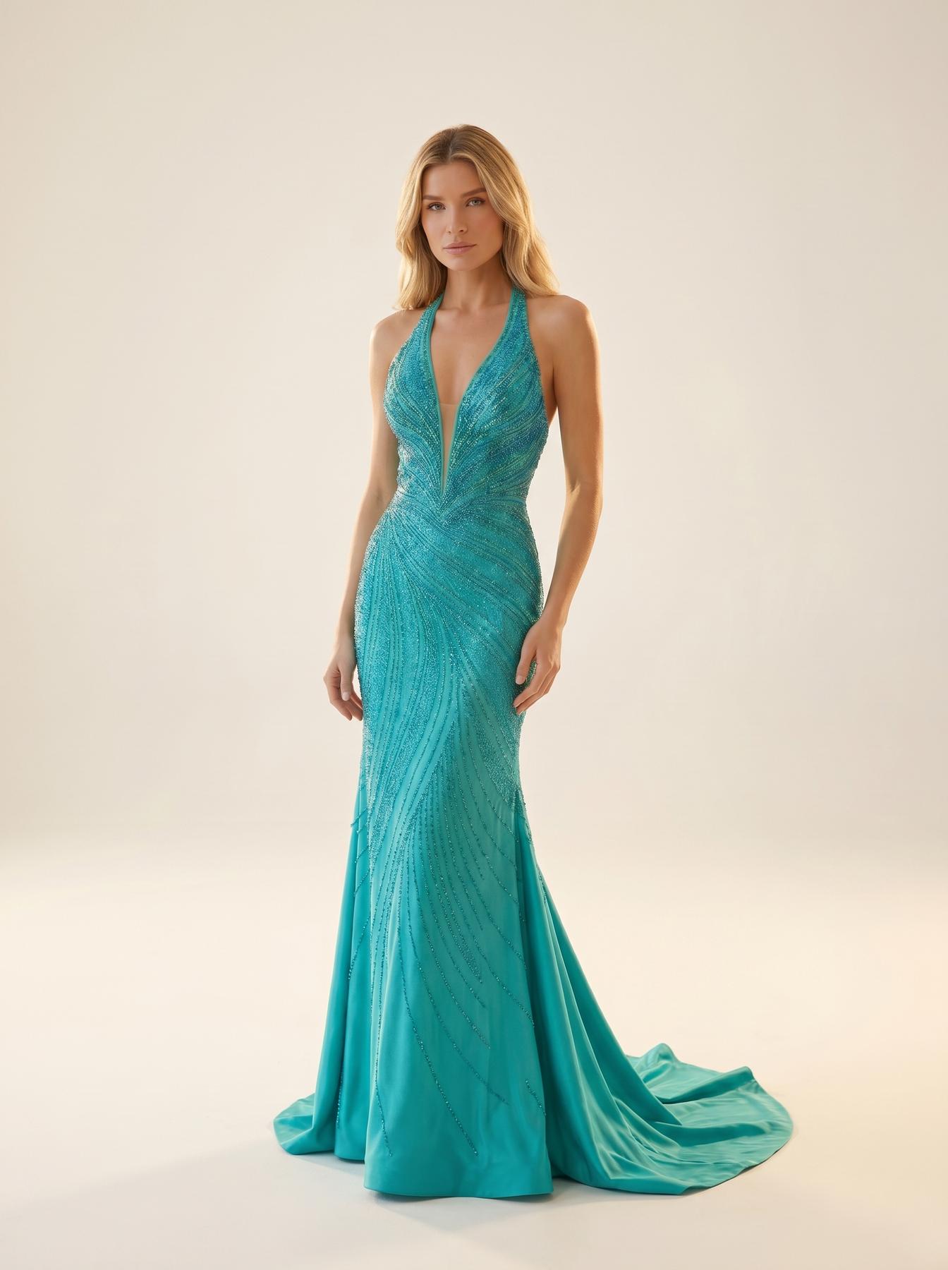 Halter Floor-Length Satin Prom Mermaid/Trumpet Modessa Couture 26723