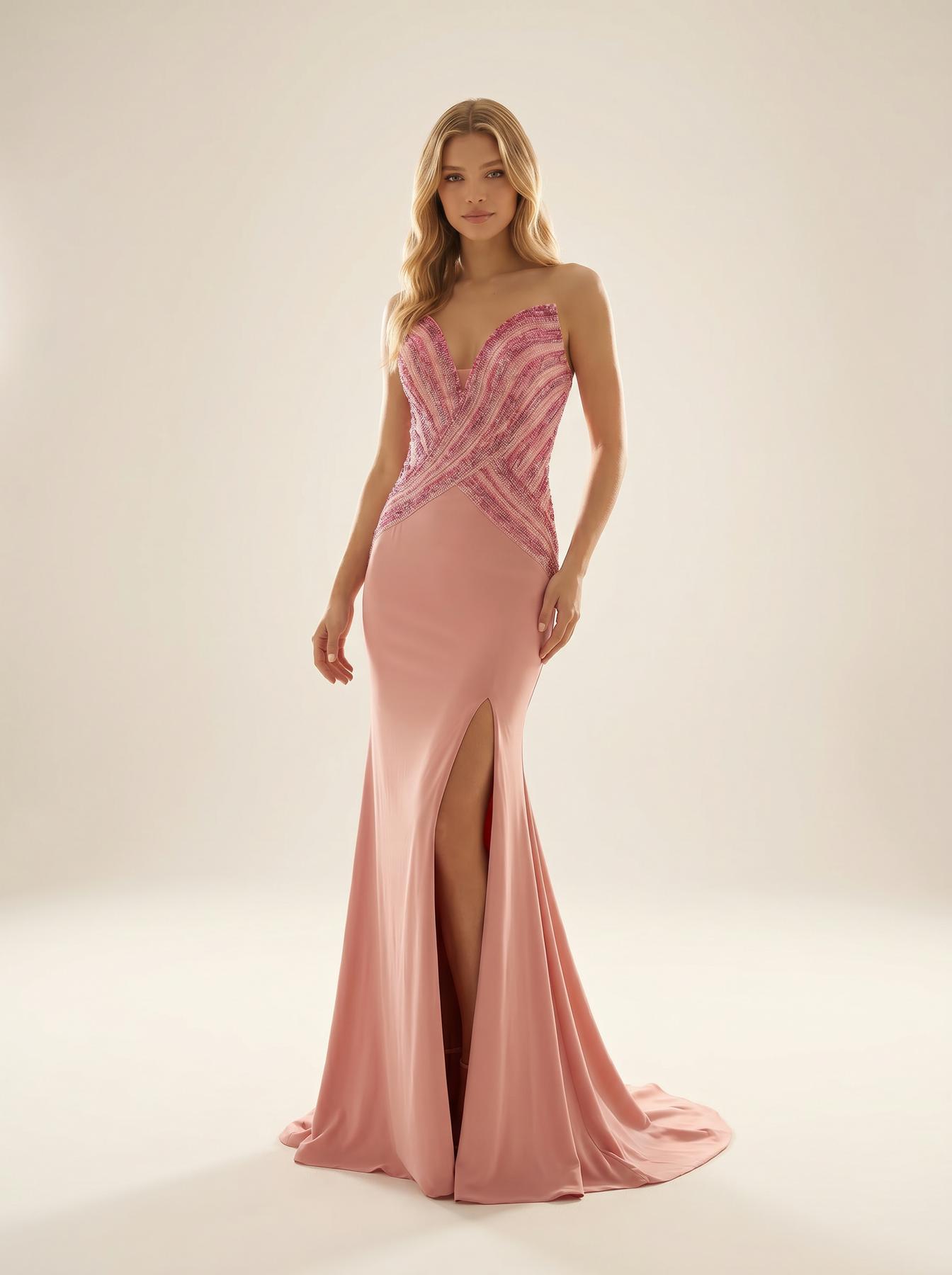 Strapless Curved Neck Floor-Length Satin Formal Sheath/Column Modessa Couture 26726