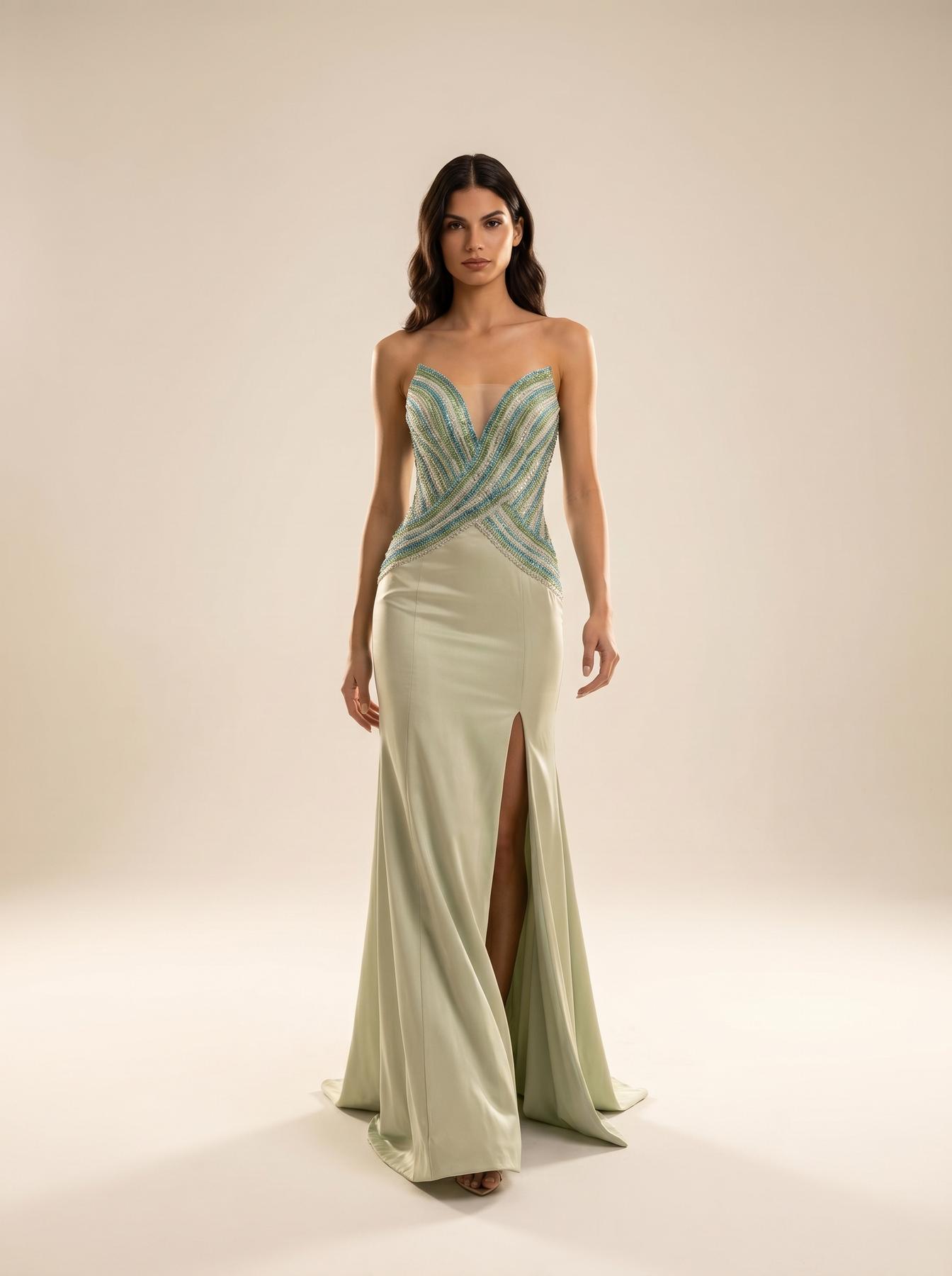 Strapless Curved Neck Floor-Length Satin Formal Sheath/Column Modessa Couture 26726