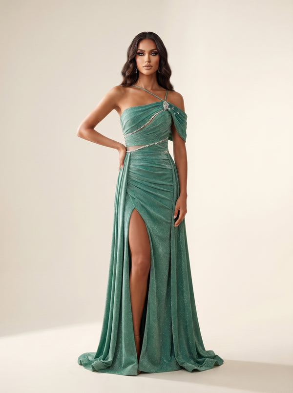 One-Shoulder Draped Floor-Length Shimmer High Slit Formal Sheath Modessa Couture 26728