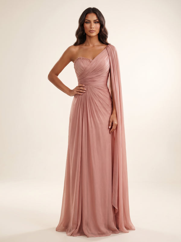One-Shoulder Cape Floor-Length Draped Formal A-Line Modessa Couture 26730