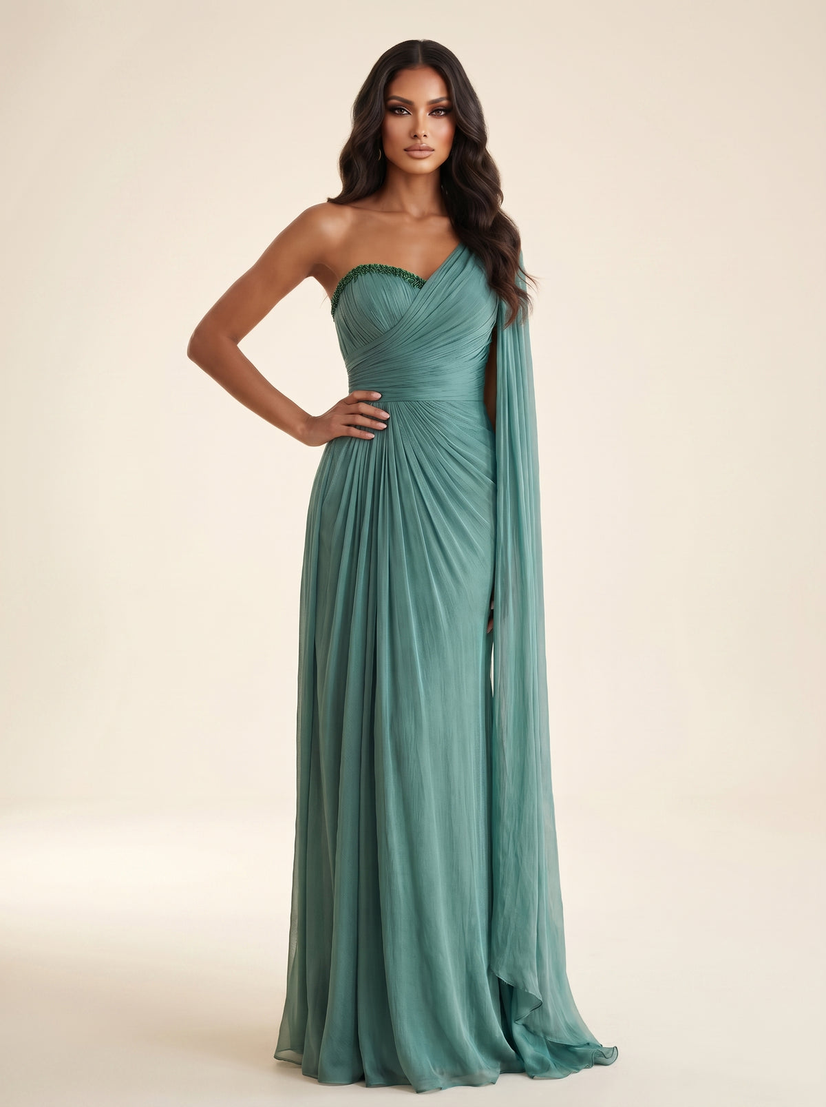 One-Shoulder Cape Floor-Length Draped Formal A-Line Modessa Couture 26730