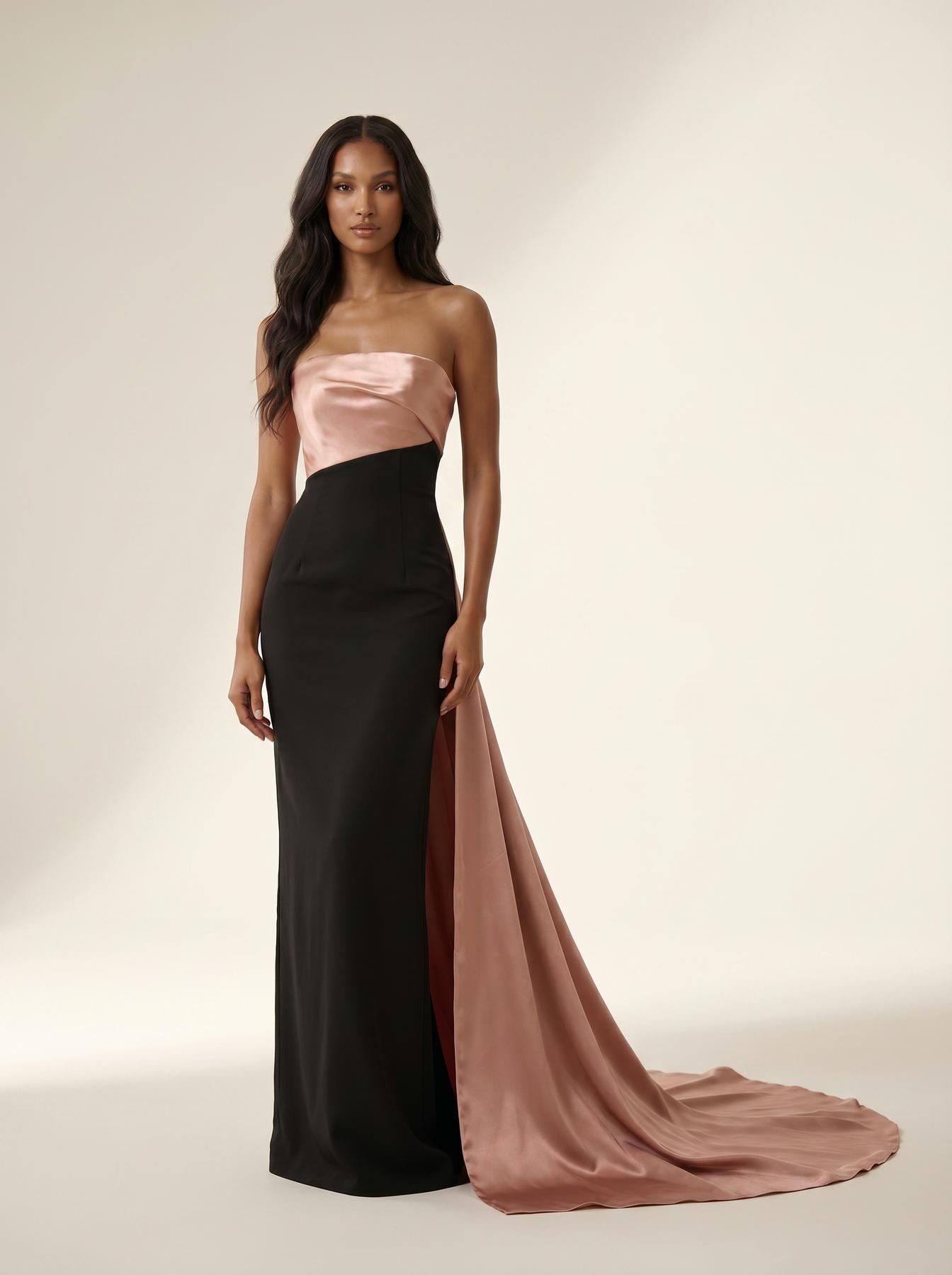 Strapless Straight Neck Floor-Length with Train Satin Formal Sheath/Column Modessa Couture 26731