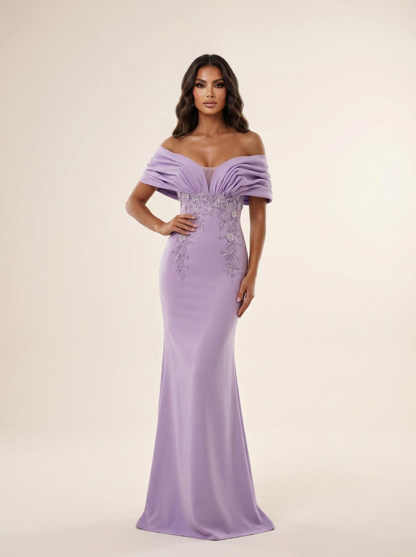 Off-the-Shoulder Floor-Length Crepe Formal Sheath Column Modessa Couture 26732
