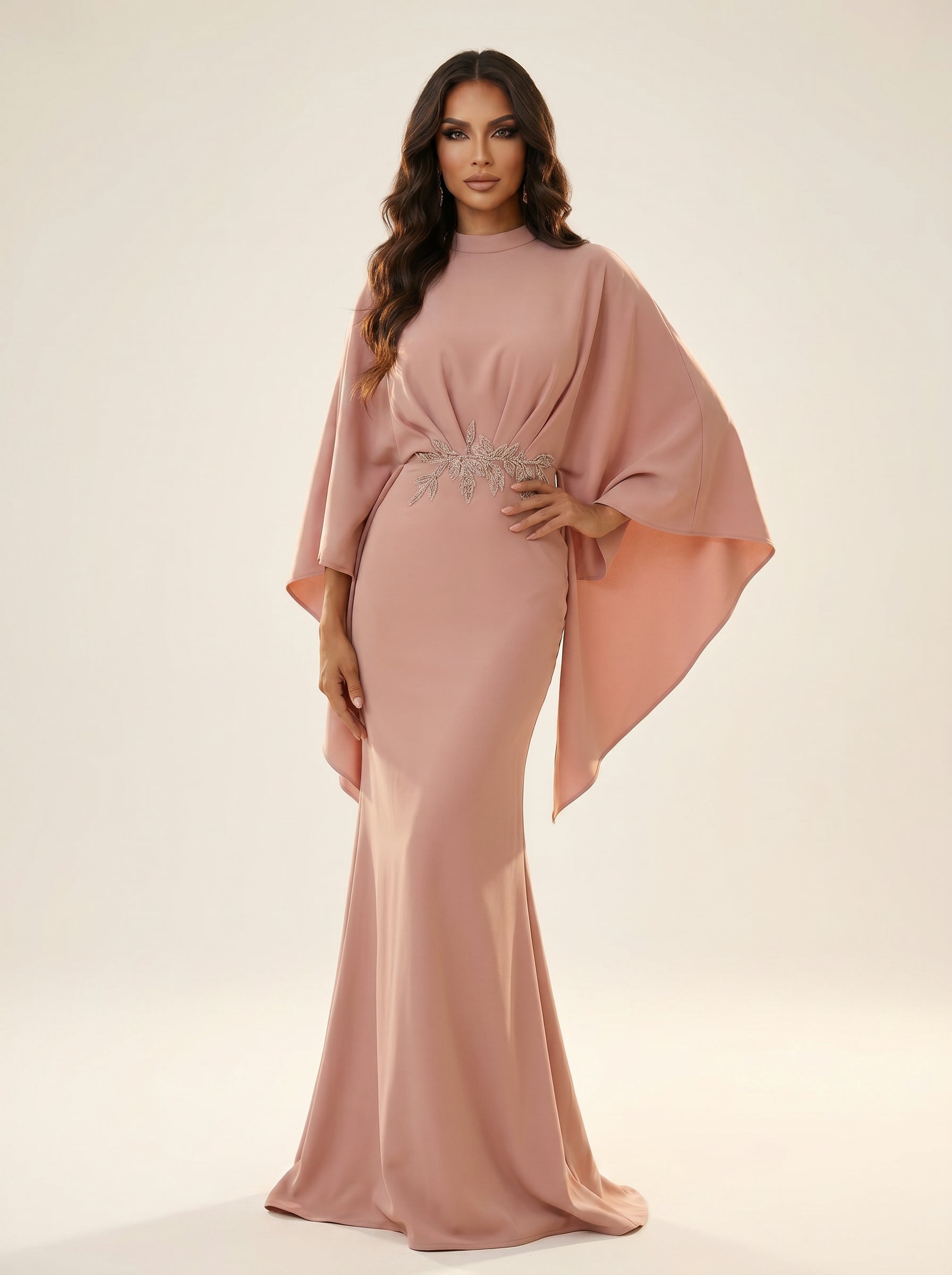 High-Neck Cape Sleeve Floor-Length Formal Sheath Column Modessa Couture 26733