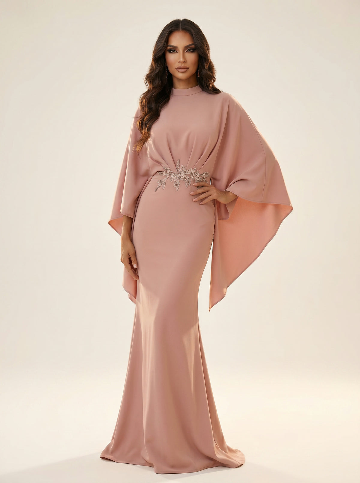 High-Neck Cape Sleeve Floor-Length Formal Sheath Column Modessa Couture 26733
